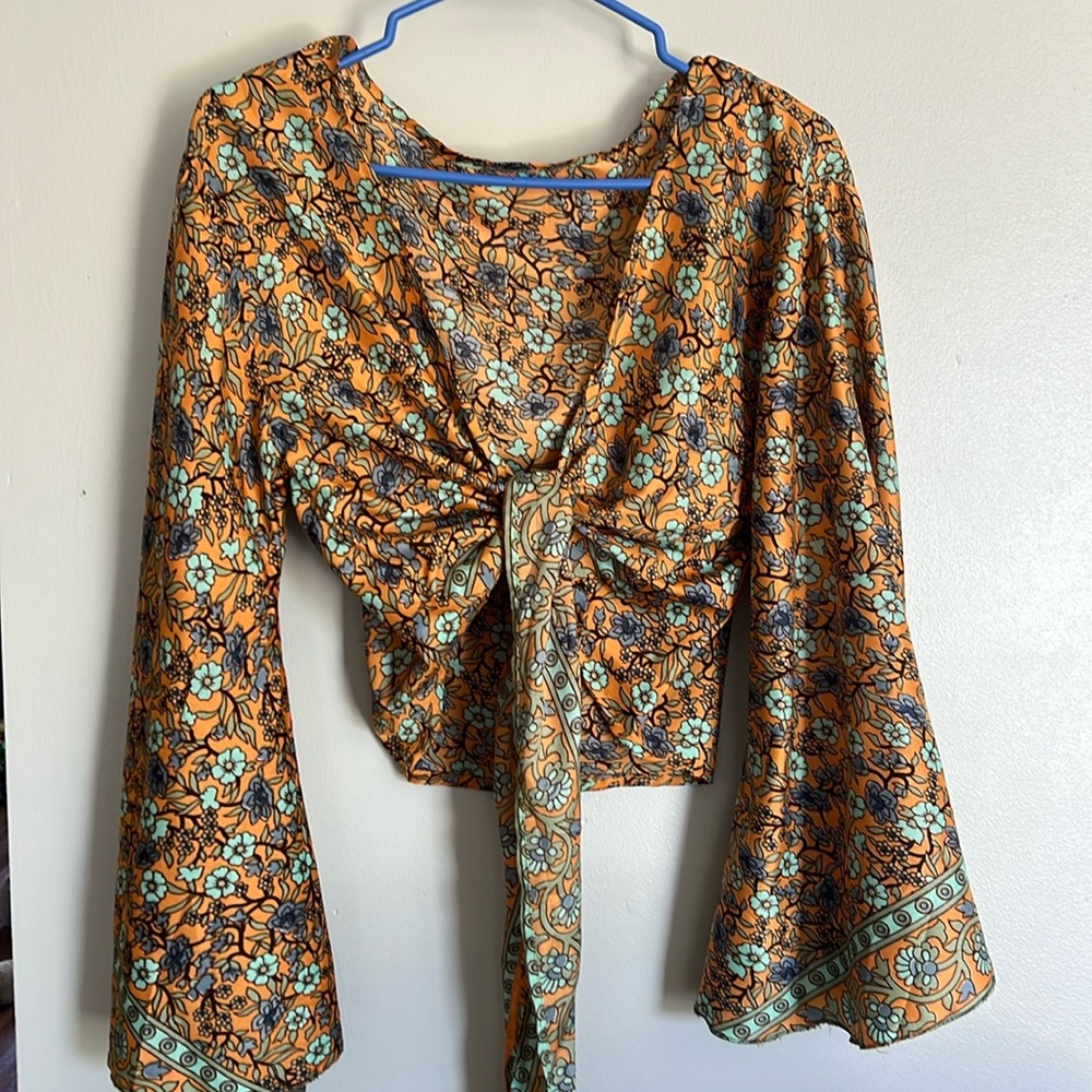 Long sleeve front tie cropped shirt from a local shop